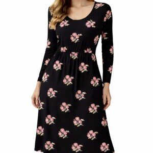 Old Navy Black Floral Long Sleeve Midi Dress L Soft Cottagecore Romantic NEW NWT